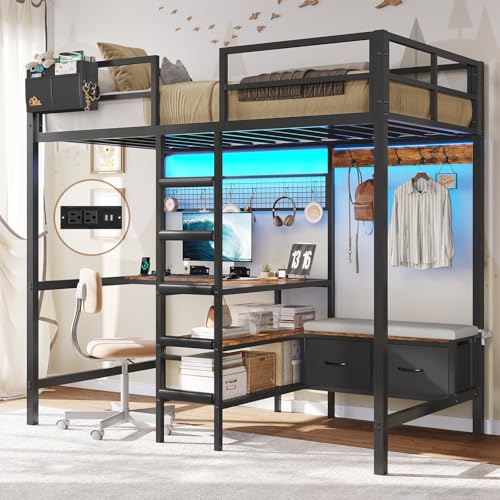 DICTAC Twin Loft Bed with L-Shaped Desk,Storage Shelves and Charging Station Metal Loft Bed Twin Size with LED Lights,Coat Rack with Drawers and Stair,Top Bunk with Safety Guardrail for Teen,Black - color: Black