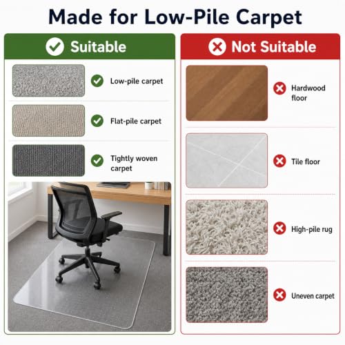Clear Office Chair Mat 36" x 48" for Low-Pile Carpet | Clear PVC With Anti-Slip Studs, Ideal for Home Offices, Workspaces and Gaming Setups, Smooth Surface Supports Daily Rolling - size: 36" x 48" (for low-pile carpet)