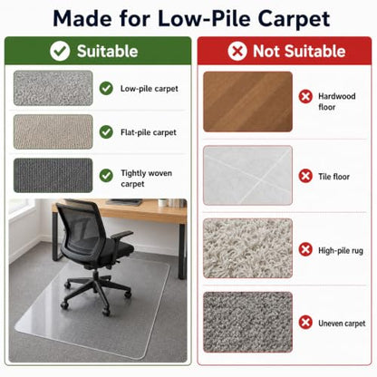 Clear Office Chair Mat 36" x 48" for Low-Pile Carpet | Clear PVC With Anti-Slip Studs, Ideal for Home Offices, Workspaces and Gaming Setups, Smooth Surface Supports Daily Rolling - size: 36" x 48" (for low-pile carpet)