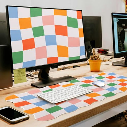 L-SPOUTTO Checkered Mouse Pad,Scalloped Groovy Desk Mat XXL Gaming Mousepad | Geometric Large 35.4x15.7in Non-Slip Rubber Base Keyboard Pad Waterproof Desktop Mat for Laptop Computer Game Home Office - color: Colorful Checkered