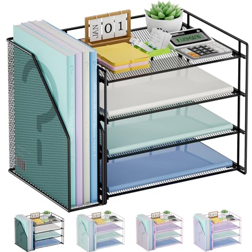 Marbrasse 4-Tier Paper Tray Organizer with File Holder, Black | Sturdy Paper Tray, Built-in File Holder, fits Letters/Docs, Saves Desk Space, for School/Office/Home - color: Black