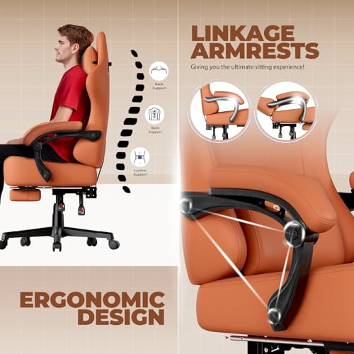 GTPLAYER Big and Tall Gaming Chair 400lbs Heavy Duty Office Chair with Footrest, High Back Pocket Spring Ergonomic Computer Chair for Adults, Wide Seated Cushion with Linkage Armrests,Leather Orange - color: Dark Orange