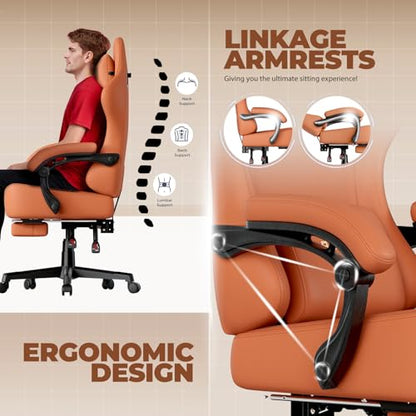 GTPLAYER Big and Tall Gaming Chair 400lbs Heavy Duty Office Chair with Footrest, High Back Pocket Spring Ergonomic Computer Chair for Adults, Wide Seated Cushion with Linkage Armrests,Leather Orange - color: Dark Orange