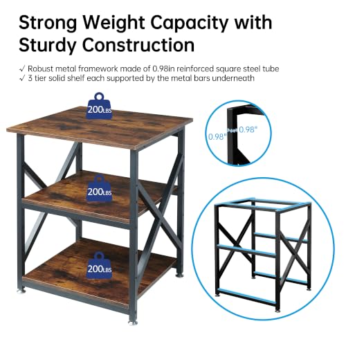 Fannova 23.6"x23.6" Large Printer Stand, 3 Tier Square Table for 3D Printer | Height Adjustable Storage Shelf, Heavy Duty Industrial Wheels - All 4 Lock, Home Office Rolling Printer Cart, Rustic Brown - color: Rustic Brown