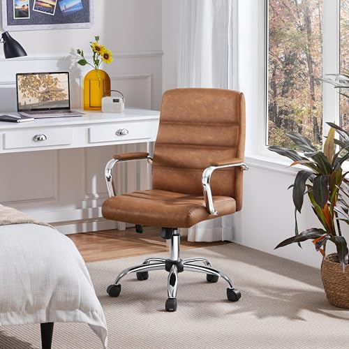 Yaheetech Retro Brown Office Chair PU Leather Rocking Desk Seat with Arms | Foam-padded channel-stitched PU leather back supports desk hours; chrome frame rocks, adjusts in height, rolls on casters. - color: Retro Brown