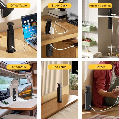 Pop Up Electrical Outlet for Countertop, Recessed Power Strip with 3 AC Outlet & 2 USB Ports,2.5" Hole Pull Pop Up Socket Hidden Outlets, Pop Out Power Outlet for Kitchen Counter Conference Desk - color: Pure Black