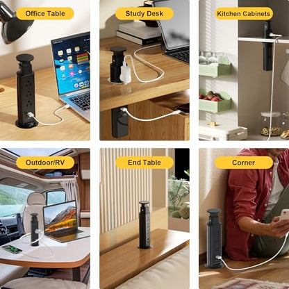Pop Up Electrical Outlet for Countertop, Recessed Power Strip with 3 AC Outlet & 2 USB Ports,2.5" Hole Pull Pop Up Socket Hidden Outlets, Pop Out Power Outlet for Kitchen Counter Conference Desk - color: Pure Black