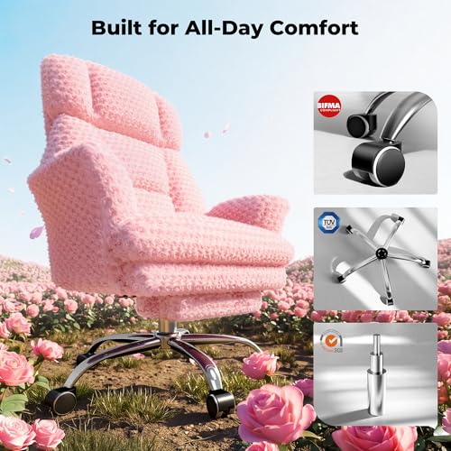 Big and Tall Office Chair, Flip Armrests for Pets & Cross Legged Sitting | Executive Ergonomic Computer Gaming Chair with Foot Rest, Rose Velvet Pink Wide Seat Reclining Desk Chair - color: Pink Rose Velvet