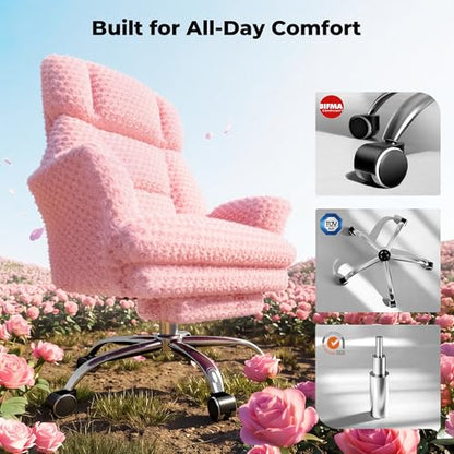 Big and Tall Office Chair, Flip Armrests for Pets & Cross Legged Sitting | Executive Ergonomic Computer Gaming Chair with Foot Rest, Rose Velvet Pink Wide Seat Reclining Desk Chair - color: Pink Rose Velvet