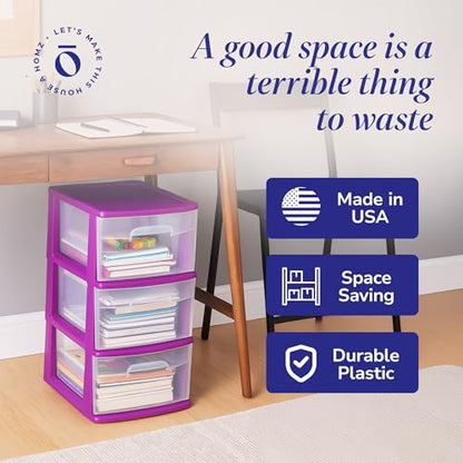 HOMZ Drawer Tower, 3-Tier Storage Cart w/Removable Wheels, Purple, 2 Pack - color: Purple, size: 2 Pack