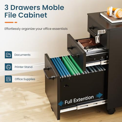 MIIIKO File Cabinet 3 Drawers on Wheels Under Desk, Black Metal File Cabinets with Lock for Home Office, Filing Cabinet with Lock(Un-Assembled) - color: Black, size: 3 Drawer-11.8"W -Mobile