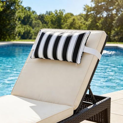 Outdoor Lounge Chair Headrest Pillow 16x11 Inch, Black Striped Waterproof Lumbar Pillows with Insert Adjustable Elastic Strap, Neck Attachment for Recliner Patio Beach Pool Office, 2 Pack - color: Black Striped