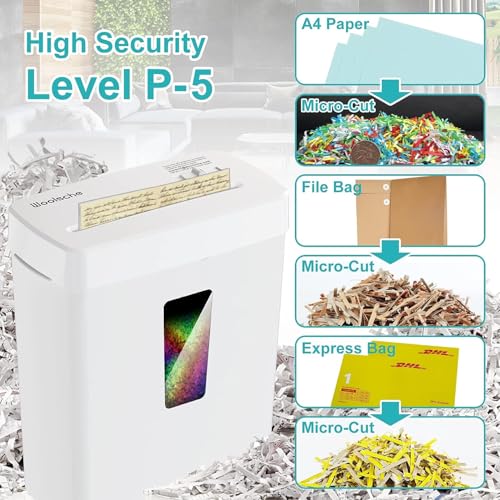 White Paper Shredder for Home Office 6-Sheet Micro Cut P-5 Security Level Metal Shredder Machine with Jam Proof System and 3.43 Gallon Bin Compact Paper Crinkle Machine