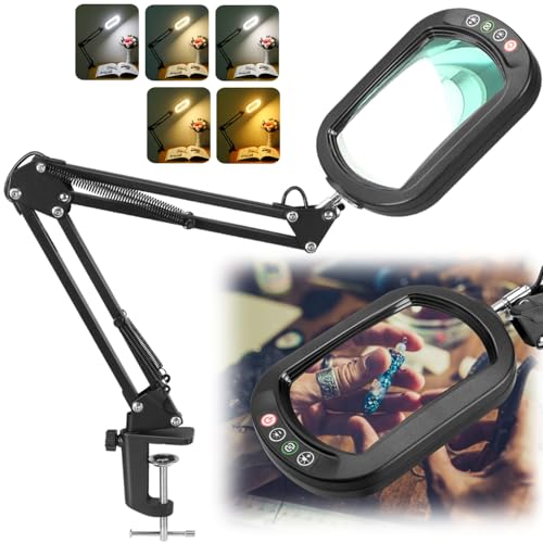 IVMAIE 12X Magnifying Glass with Light, Rectangle Real Glass Lens | 5 Color Modes Stepless Dimmable, LED Lighted Clamp Desk Lamp with Swing Arm, Hands Free for Reading Crafts Close Work - color: Black, size: 12X