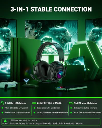 Wireless Gaming Headset with Mic for PS5, PS4 & PC, 7.1 Surround Sound - color: Pure Black