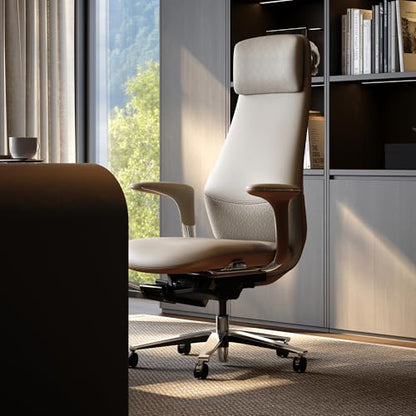 TOMU Executive Office Chair with Foot Rest, Top Grain Genuine Leather Office Chair, Ergonomic High Back Design. Real Leather, Wheels, Alumium Base. Padded Armrest, Luxury and Comfy (Beige) - color: Beige