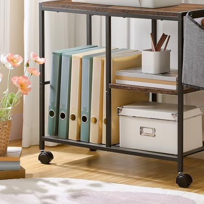 MAHANCRIS Printer Stand with Storage Bag, 3-Tier Mobile Under Desk Printer Cart with Wheels, Wood Rolling Printer Table, Organizer Shelf for Study, Office, Living Room, Rustic Brown PTHR2201 - color: Rustic Brown