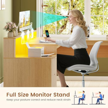SEDETA 66" Modern L Shaped Desk with Drawers, Fluted Home Office Desk with File Cabinet and Printer Shelf, Wood Executive Desk with Monitor Stand, Power Outlets, Led Lights, Oak - color: Oak, size: L Shaped Desk