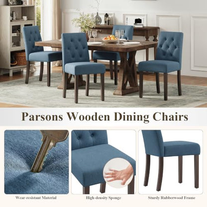 Upholstered Dining Chairs Set of 2, Modern Fabric Dining Chairs with Tufted Design, Kitchen Side Chairs, Farmhouse Dinner Chair with Wood Legs for Kitchen Restaurant Living Room, Blue - color: Blue, size: Set of 2