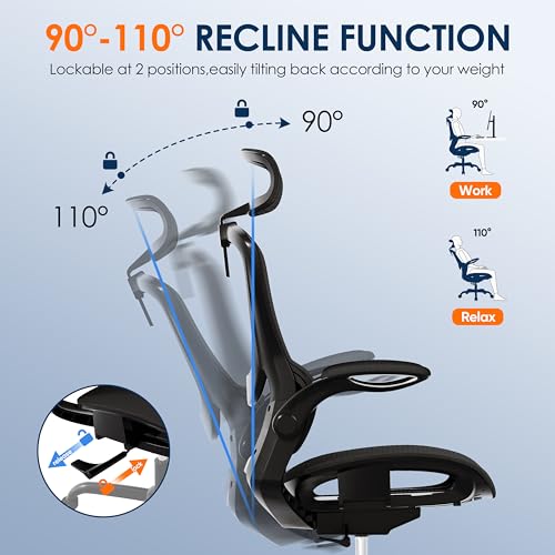 Ergonomic Mesh Office Chair, Adjustable Home Desk Chair with Folding Armrest, 2D Headrest, Soft Seat and PU Wheel, Black Swivel Task Chair for Office, Business, Student (GY1108) - color: Black