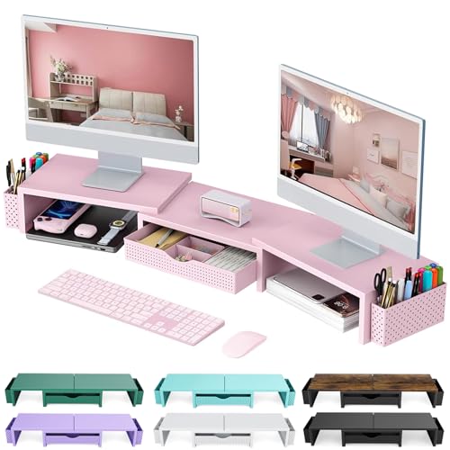 gianotter Dual Monitor Stand Riser With Drawer and 2 Pen Holders | Computer Monitor Stand Desk Organizer and Accessories Desk Shelf for Top of Desk (Pink) - color: Pink