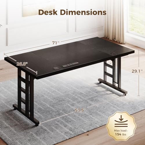 OffiGo 71 Inch Executive Computer Desk with Outlets, Black - color: Black, size: 71 Inch