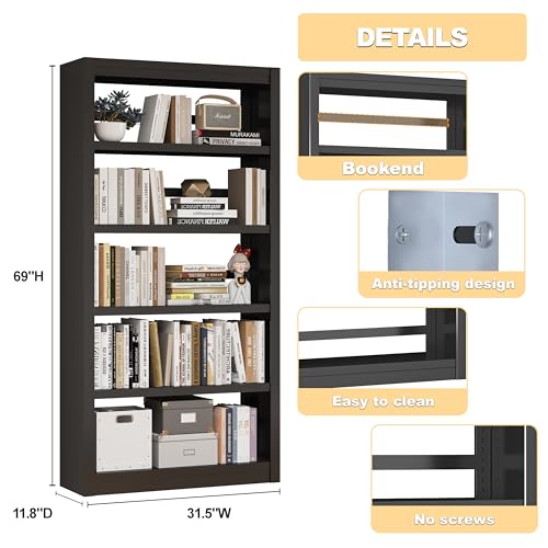 5 Tier Metal Bookshelf,69'' Tall Heavy Duty Bookcase with Adjustable Shelves,Black Large Modern Bookshelves,Industrial Open Bookcases for Library,Office,Study Room,Living Room - color: Black, size: 69" New