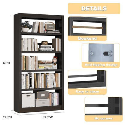 5 Tier Metal Bookshelf,69'' Tall Heavy Duty Bookcase with Adjustable Shelves,Black Large Modern Bookshelves,Industrial Open Bookcases for Library,Office,Study Room,Living Room - color: Black, size: 69" New