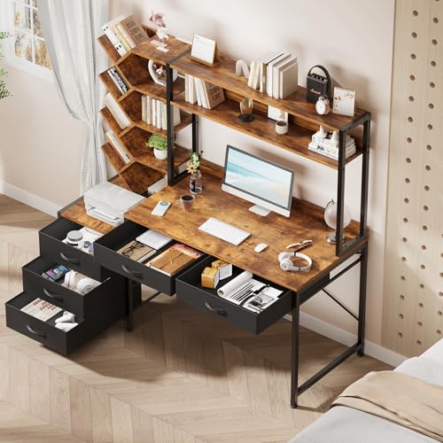 YOMILUVE 52" Computer Desk with Bookshelf, 5 Drawers ＆ Hutch for Bedroom | Office Desk with Printer Shelf, Study Writing Desk with Storage Shelves, Rustic Brown - color: Rustic Brown