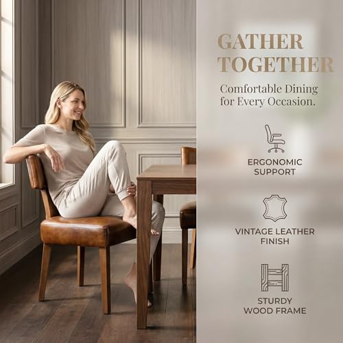 HNY Mid Century Modern Dining Chairs Set of 2, Farmhouse PU Leather Upholstered Accent Chair Curved Backrest Kitchen Chairs, with Hardwood Frame, Brown - color: Brown Curved