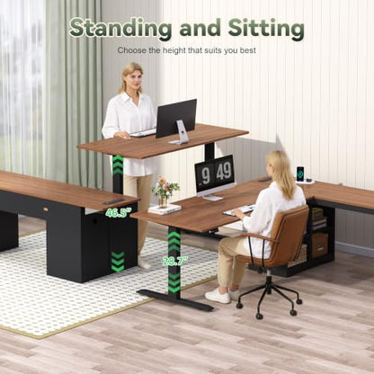 YOMILUVE Farmhouse L Shaped Standing Desk, 66 inch Corner Electric Standing Desk with Drawers ＆ Storage Shelves, Height Adjustable Computer Desk with Power Outlets for Home Office (Black and Brown) | Corner Electric Standing Desk with Drawers ＆ Storage Sh