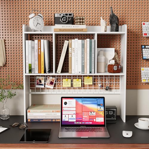 Desktop Bookshelf,Desk Hutch with 3 Shelves for Computer,White - color: White