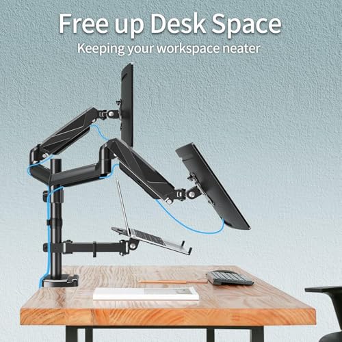 MOUNTUP Dual Monitor and Laptop Mount, Adjustable Monitor Stand for 2 Max 27" Computer Screens, Laptop Tray Fits 10-17inch Notebook, Holds 4.4-17.6lbs Per Arm, 3-in-1 Adjustable Monitor Desk Mount - size: Triple-With Pole