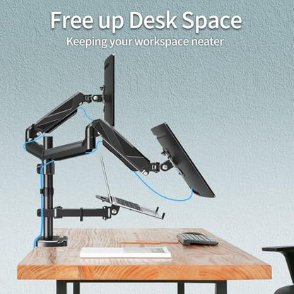 MOUNTUP Dual Monitor and Laptop Mount, Adjustable Monitor Stand for 2 Max 27" Computer Screens, Laptop Tray Fits 10-17inch Notebook, Holds 4.4-17.6lbs Per Arm, 3-in-1 Adjustable Monitor Desk Mount - size: Triple-With Pole
