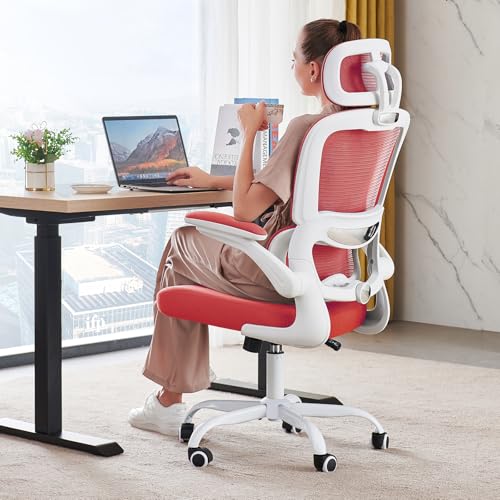 TRALT Office Chair Ergonomic Desk Chair - Gaming Chair with Lumbar Support | 330 LBS Home Office Desk Chairs with Headrest, Reading Chair with Flip-up Armrests, Comfortable Computer Chairs (1, Red) - color: Red