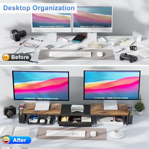 gianotter Dual Monitor Stand Riser With Drawer and 2 Pen Holders | Wood Computer Monitor Stand Desk Organizer and Accessories Desk Shelf for Top of Desk (Wood) - color: Wood