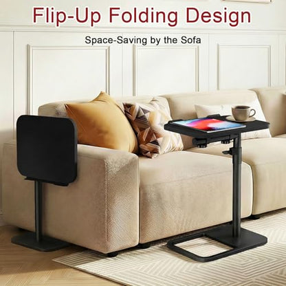 GOYLSER TV Tray Table Adjustable Height, Flip-Top, Snack Side Table with 360° Swivel and 180° Tilt, C Shaped End Table for Couch, Sofa, Dinner Eating and Recliner (Black) - color: Black, style: Angle Tilt