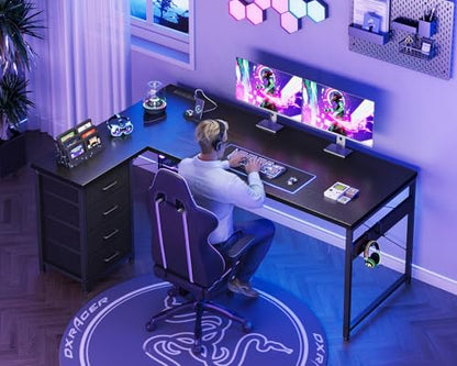 AODK 61" L Shaped Gaming Desk with 4 Drawers and Power Outlets, Black - color: Black, size: 61 Inch