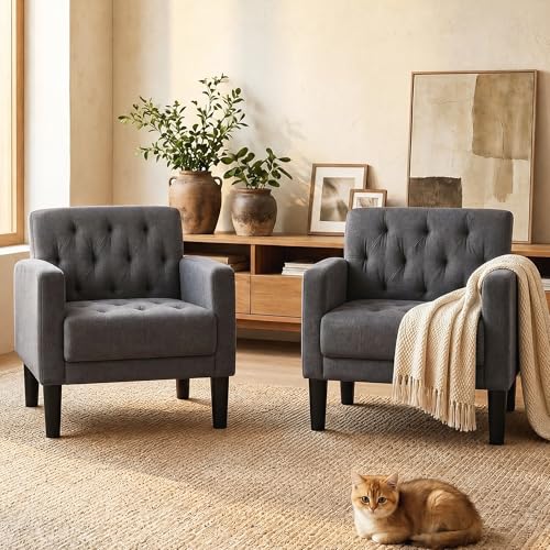 Upholstered Accent Chairs Set of 2, Tufted Armchairs for Living Room - color: Dark Grey