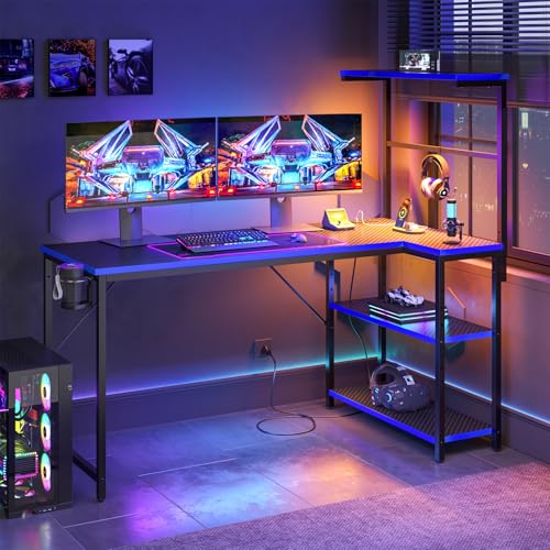 51" L-Shaped Gaming Desk with Power Outlets LED Lights, Black&Blue - color: Black&blue, size: 51 Inch