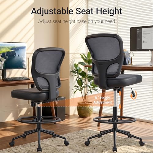 HYLONE Armless Office Chair with Footrest, PU Leather Swivel Desk Chair, Adjustable Height Drafting Chair for Home Office, Mid Back Counter Height Computer Chair