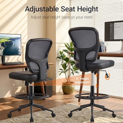 HYLONE Armless Office Chair with Footrest, PU Leather Swivel Desk Chair, Adjustable Height Drafting Chair for Home Office, Mid Back Counter Height Computer Chair