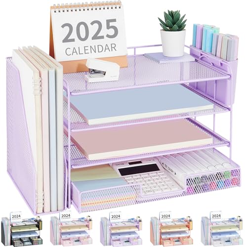 Desk Organizer, 4-Tier Desktop File Organizer with Drawer and Pen Holders, Office Desk Accessories, File Sorters, Workspace Organizers for Office Supplies(Purple) - color: Purple, size: 4T