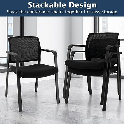 COSTWAY Stackable Office Guest Chairs Set of 2 with Armrests, No Wheels | Conference Room Chairs with Mesh Backrest and Upholstered Seat, Ergonomic Waiting Room Chairs for Office Home Reception Area - size: 2 Pack, style: No Wheels