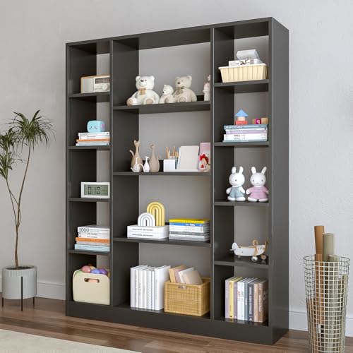Large Cube Storage Bookcase with Base, Black | Wooden Bookshelf, 10 Open Cubes, 4 Shelves, Fits 11×11" Bins, For Home & Office - color: Black