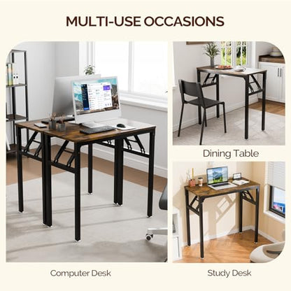 VINGLI Small Computer Desk No Assembly Required, Folding Desk as Writing Table, Dining Table and Workbench, Foldable Desk for Small Space & Home Office, 31.5 Inch, Brown & Black Frame - color: Brown