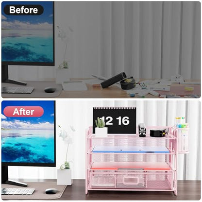 Marbrasse Desk Organizer, 4-Tier Paper File Letter Tray, Pink-2P | Sturdy Paper Tray, File Holder, Built-in Drawer, 2 Pen Slots, fits Letters/Files, for School Home Office Supplies - color: Pink with Pen Holder 2P