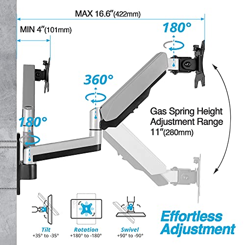 AVLT Dual Monitor Arm Wall Mount for 13-32" Screens, Full Motion - Silver | Supports flat/curved screens up to 17.6 lbs each. Smooth gas spring, VESA 75x75/100x100 and clean cable routing - color: Dual Extended