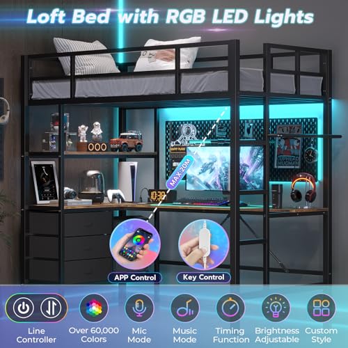 DICTAC Twin Loft Bed with L-Shaped Desk, LED Lights,Charging Station LED Metal Kids Loft Bed Twin Size with 3 Storage Shelves and 3 Fabric Drawers, Safety Guard & Ladder,No Box Spring Needed, Black - color: Black, size: Twin