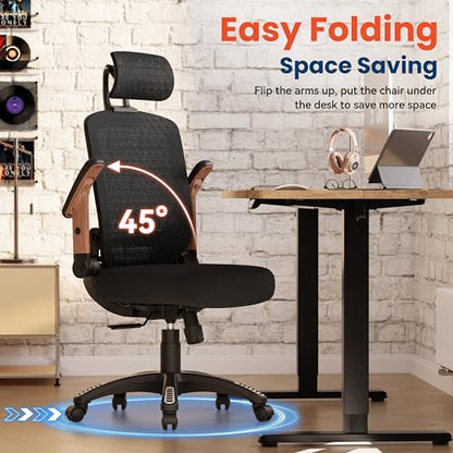 GABRYLLY Ergonomic Office Chair, High Back Home Desk Chair with Flip-Up Arms, 3D Headrest, Thick Sponge Seat &90-120° Recline, Big and Tall Mesh Executive Chairs for Man Woman, Black Woodgrain - color: Black Woodgrain